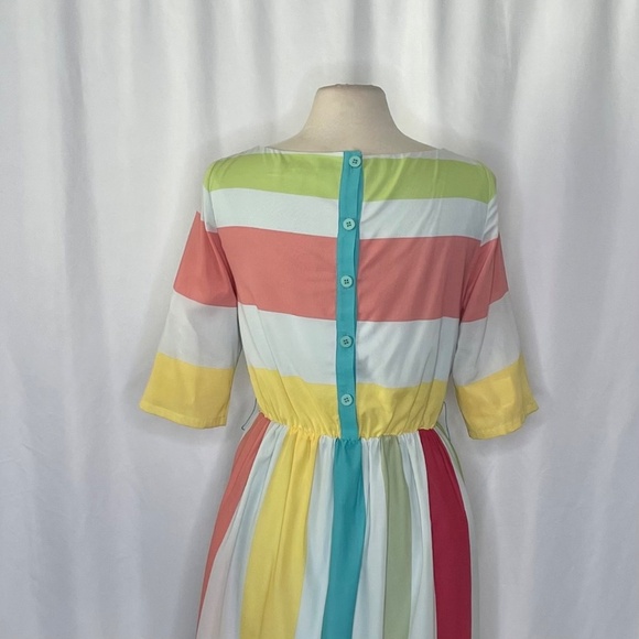 ALICE + OLIVIA Anita Silk Pastel Stripe Dress Retro Blouson Button Back Medium - Picture 11 of 16